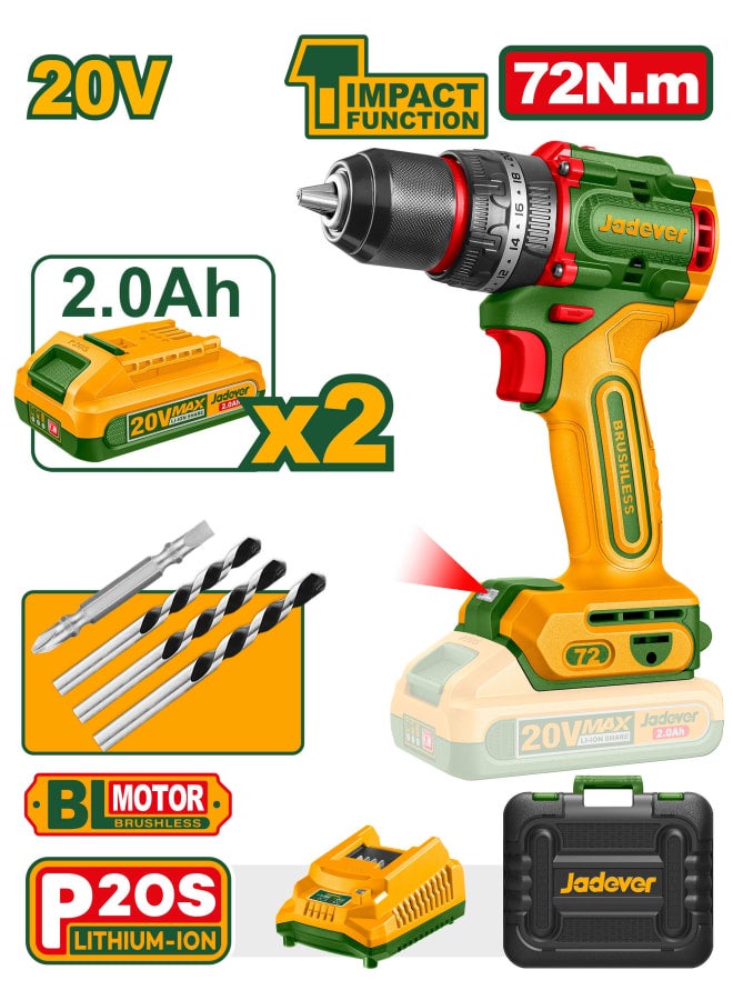 JADEVER Compact Brushless Cordless Impact Drill 20V 72 N.M JDCDP7281