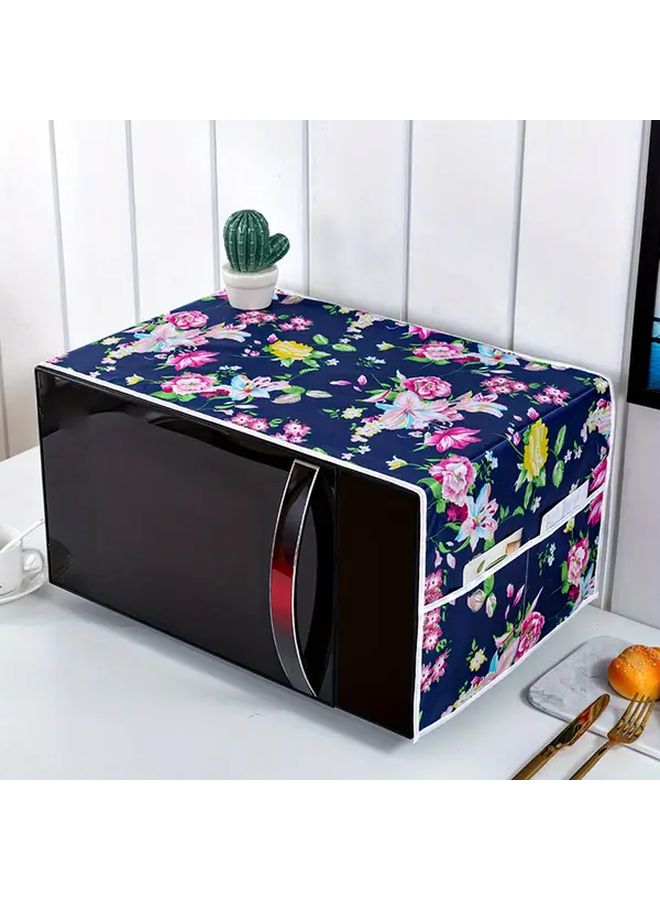 Blue Floral Print Microwave Cover With Double Side Pockets Kitchen Storage Organizer - Image 2