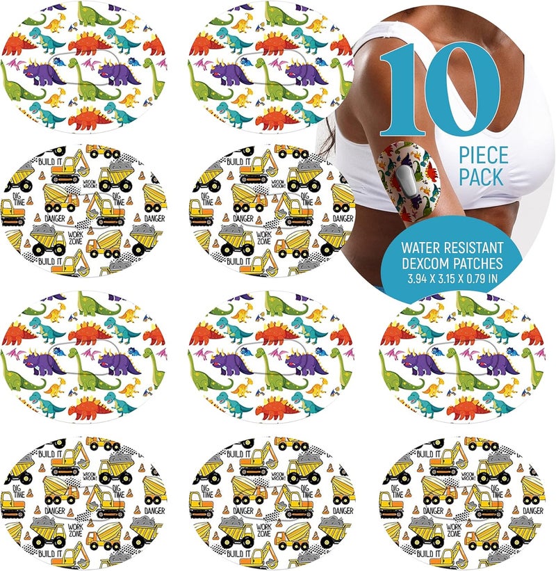 Dexcom Adhesive Mix Dino & Construction Design Adhesive Patches with Split Backing, Easy to Apply x 10 Pack