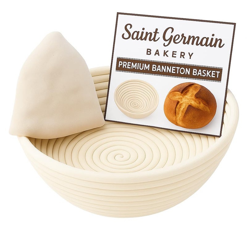 Saint Germain Bakery Premium Round Bread Banneton Basket with Liner - Perfect Brotform Proofing Basket for Making Beautiful Bread (8 inch) - Image 1