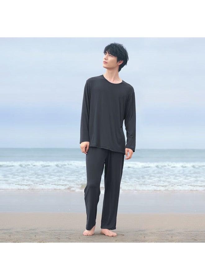 Agentmuse Bare Touch Tencel Modal Men's Pajama Set Ultra Soft Long Sleeve And Long Pants Loose Homewear Ebony Color 3XL