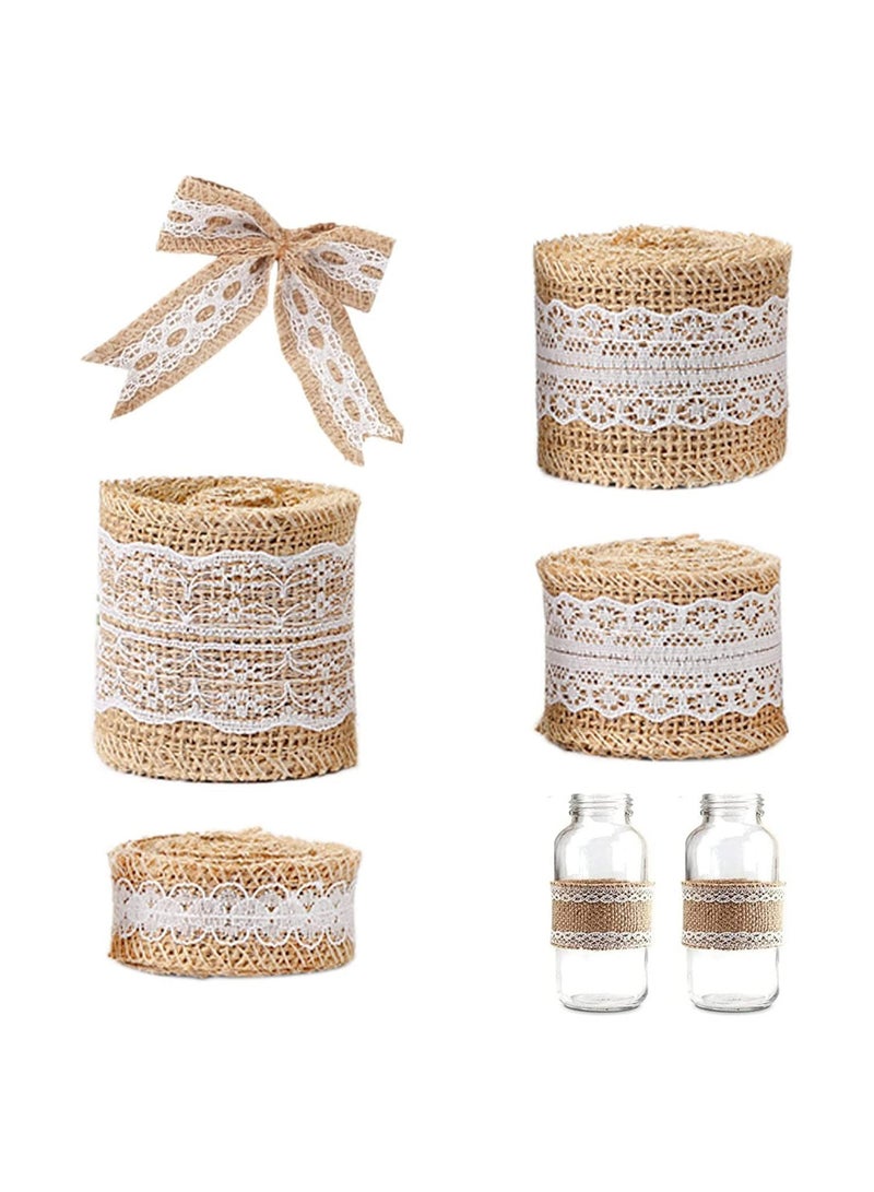 Zikra Hessian Burlap Ribbon Roll Natural Hessian Ribbons Roll with Lace Trim 4 Rolls 2 Meter Jute Trim Craft Ribbon Rustic Hessian Themed Tape for Gift Wrapping and Crafts Wedding Home Decorations - Image 1