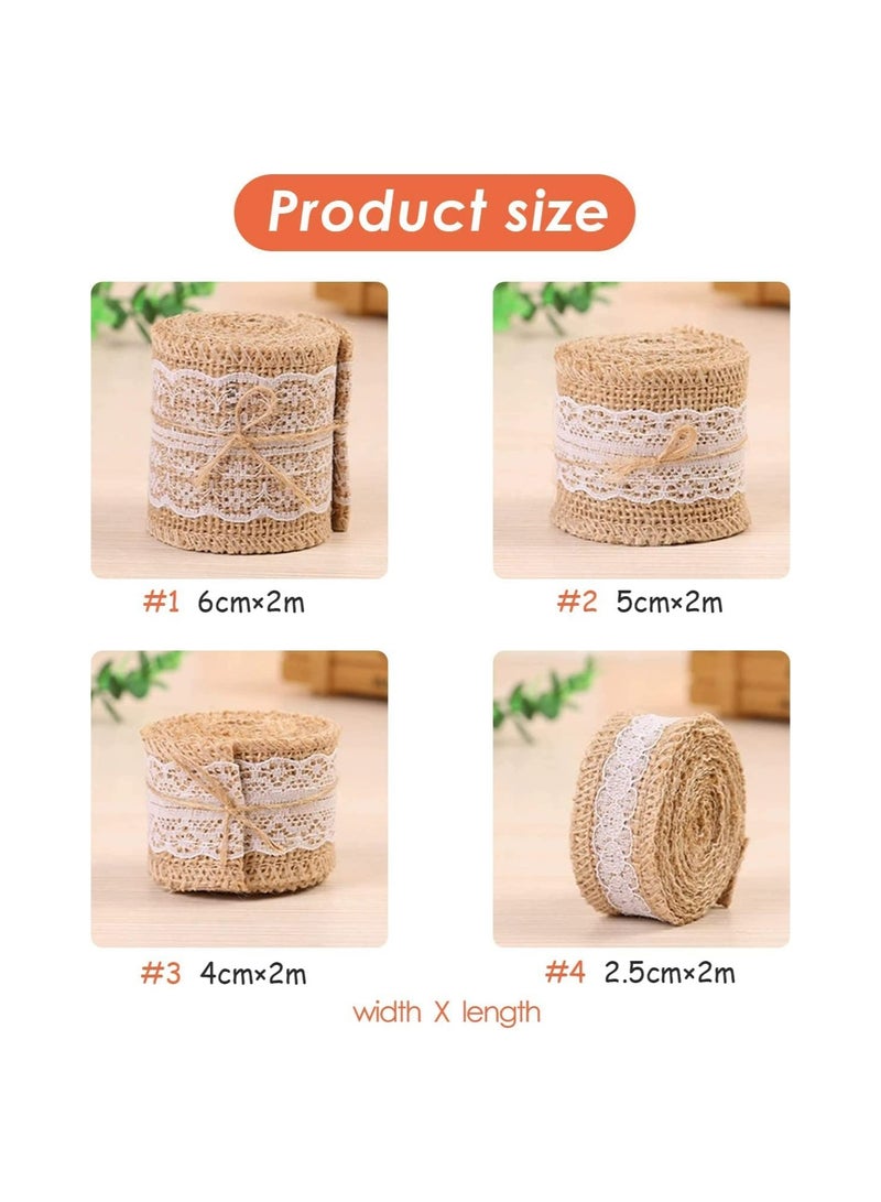 Zikra Hessian Burlap Ribbon Roll Natural Hessian Ribbons Roll with Lace Trim 4 Rolls 2 Meter Jute Trim Craft Ribbon Rustic Hessian Themed Tape for Gift Wrapping and Crafts Wedding Home Decorations - Image 4