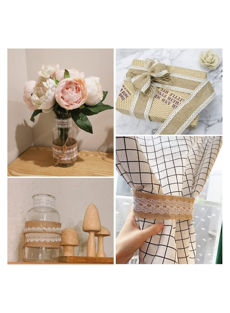 Zikra Hessian Burlap Ribbon Roll Natural Hessian Ribbons Roll with Lace Trim 4 Rolls 2 Meter Jute Trim Craft Ribbon Rustic Hessian Themed Tape for Gift Wrapping and Crafts Wedding Home Decorations - Image 3