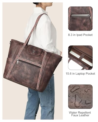FADEON Large Laptop Tote Bag for Women Designer Leather Laptop Bag Fashion Travel Backpack Purse Shoulder Handbag Coffee Brown - Image 5