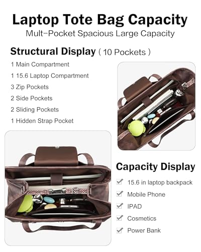 FADEON Large Laptop Tote Bag for Women Designer Leather Laptop Bag Fashion Travel Backpack Purse Shoulder Handbag Coffee Brown - Image 3