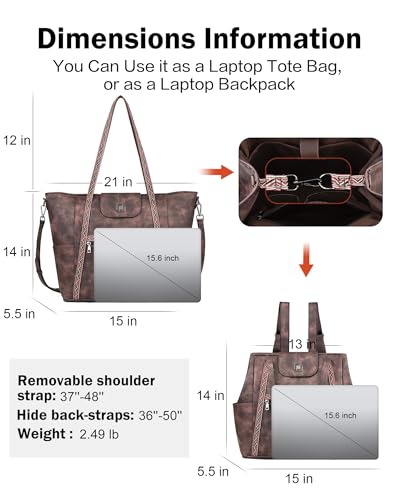 FADEON Large Laptop Tote Bag for Women Designer Leather Laptop Bag Fashion Travel Backpack Purse Shoulder Handbag Coffee Brown - Image 4
