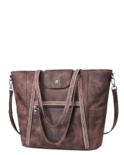 FADEON Large Laptop Tote Bag for Women Designer Leather Laptop Bag Fashion Travel Backpack Purse Shoulder Handbag Coffee Brown - Image 1