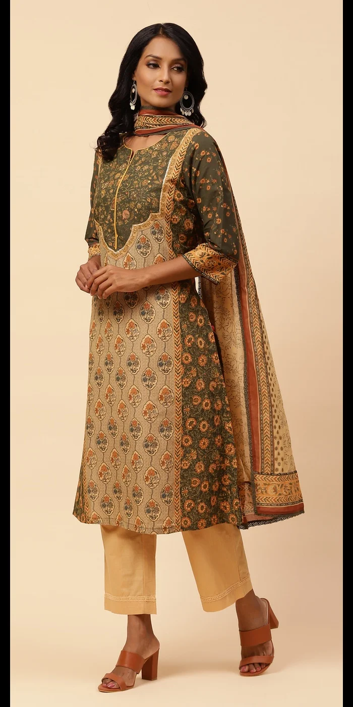 بيبا طقم بدلة قصر قطن كاكي مستقيم من كورتا ضيق