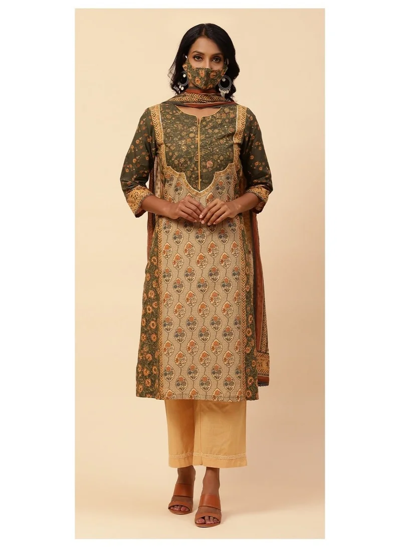 Biba Khaki Khaki Cotton Straight Kurta Narrow Palazzo Suit Set for Women | Best Price UAE