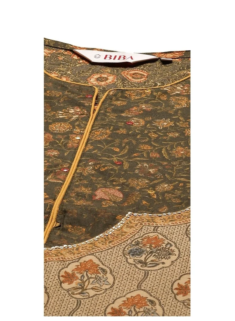Biba Khaki Khaki Cotton Straight Kurta Narrow Palazzo Suit Set for Women | Best Price UAE