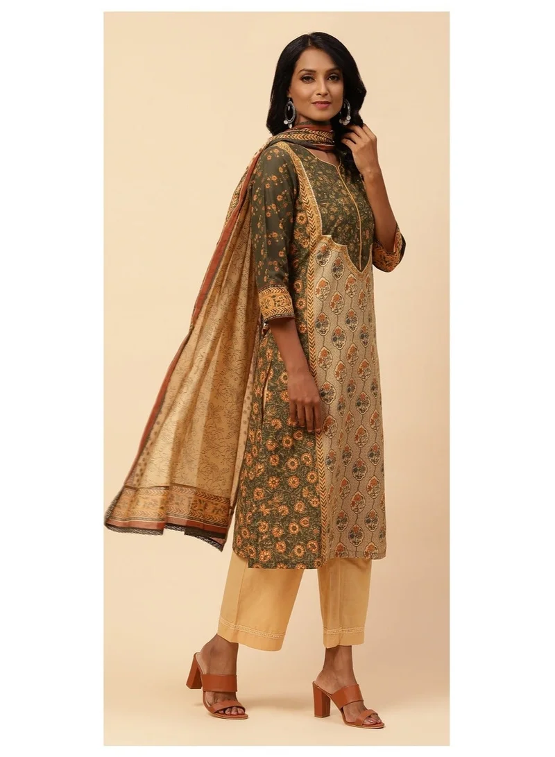 Biba Khaki Cotton Straight Kurta Narrow Palazzo Suit Set