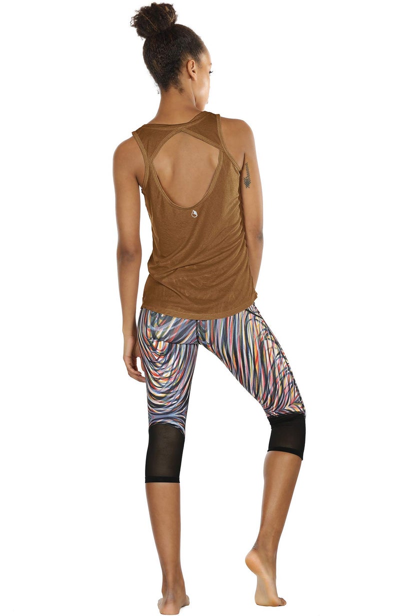 icyzone Yoga Tops Activewear Workout Clothes Open Back Fitness Racerback Tank Tops for Women (M, Black/Golden Brown) - Image 4
