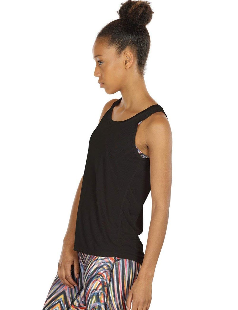 icyzone Yoga Tops Activewear Workout Clothes Open Back Fitness Racerback Tank Tops for Women (M, Black/Golden Brown) - Image 5