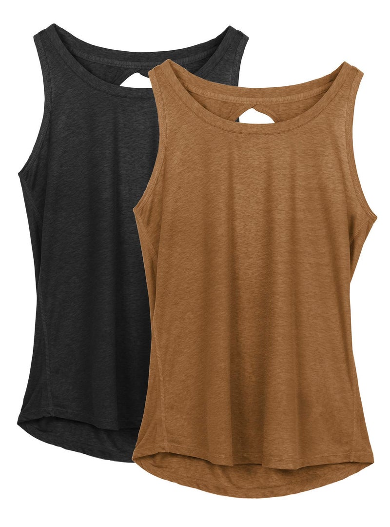 icyzone Yoga Tops Activewear Workout Clothes Open Back Fitness Racerback Tank Tops for Women (M, Black/Golden Brown) - Image 1