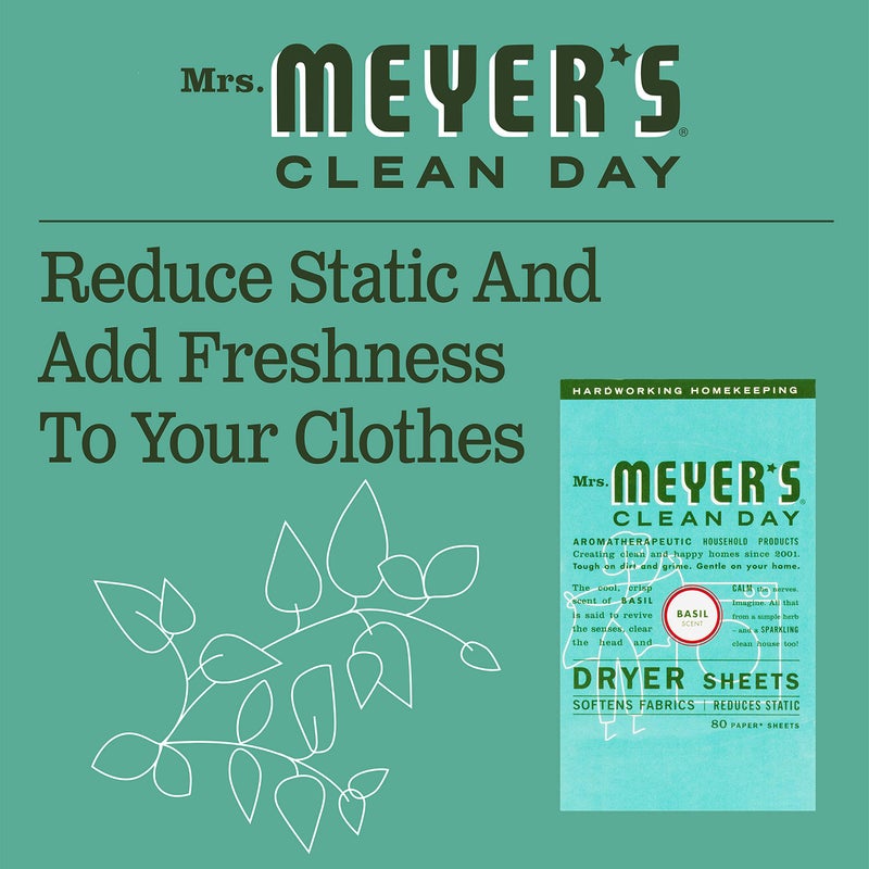 Mrs. Meyer's Clean Day Dryer Sheets, Softens Fabric, Reduces Static, Cruelty Free Formula, Basil Scent, 80 Count - Image 2
