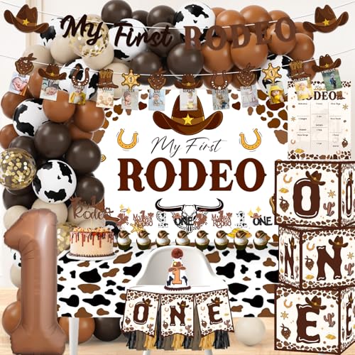 Fantspati My First Rodeo Decorations Boy Western Cowboy 1st Birthday Party Decorations Western Balloon Arch Kit Cowboy Party Supplies Backdrop Photo Banner Tablecloth for 1st Rodeo Birthday Party Decor Boy - Image 1