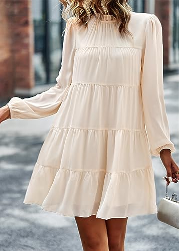 KIRUNDO Long Sleeve Baby Doll Dresses Women 2025 Casual Fall Winter Ruffle Mock Neck Tiered Mini Flowy Swing Shift Dress(Apricot, Small) - Image 4