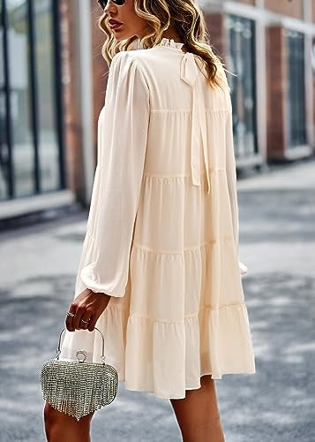KIRUNDO Long Sleeve Baby Doll Dresses Women 2025 Casual Fall Winter Ruffle Mock Neck Tiered Mini Flowy Swing Shift Dress(Apricot, Small) - Image 5