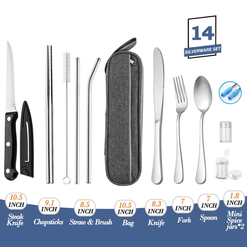 HOMMALY Portable Reusable Travel Utensils Silverware With Case, Camping Cutlery Set, Chopsticks and Straw, Flatware With Case, Stainless Steel Top (Silver) - Image 2