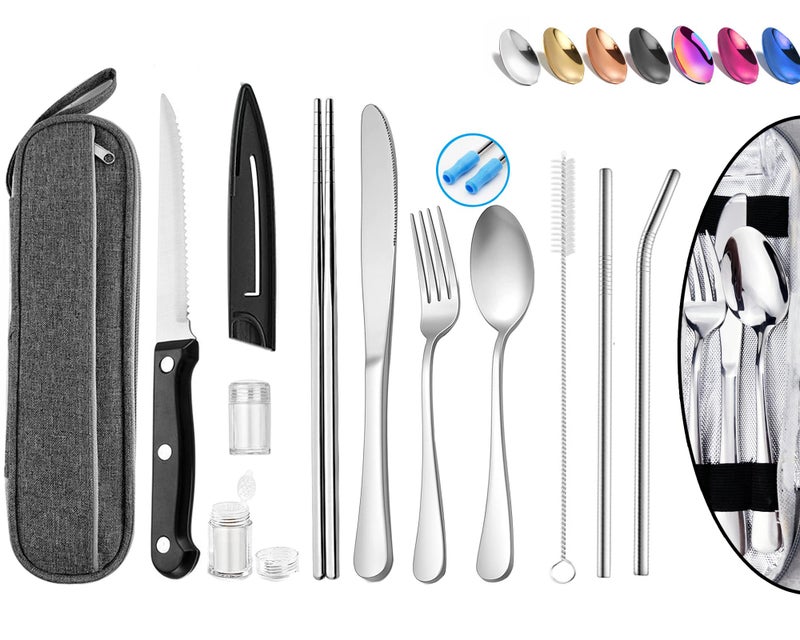 HOMMALY Portable Reusable Travel Utensils Silverware With Case, Camping Cutlery Set, Chopsticks and Straw, Flatware With Case, Stainless Steel Top (Silver) - Image 1