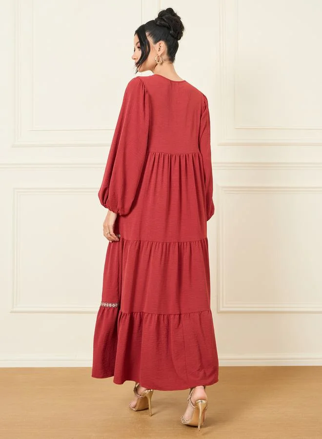 Styli Embroidered Lace Detail Tie Up Neck Tiered Maxi Dress