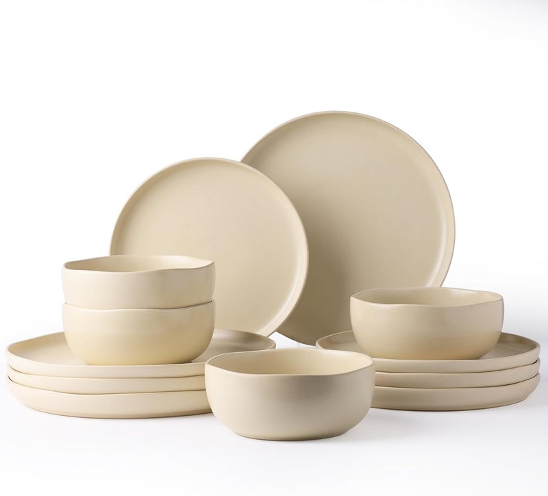 AmorArc Ceramic Dinnerware Sets Wavy Rim Stoneware Plates and Bowls SetsDishwasher  Microwave  Oven Safe Dishes set Service for 4 12pc - Image 1