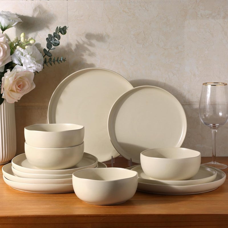 AmorArc Ceramic Dinnerware Sets Wavy Rim Stoneware Plates and Bowls SetsDishwasher  Microwave  Oven Safe Dishes set Service for 4 12pc - Image 5