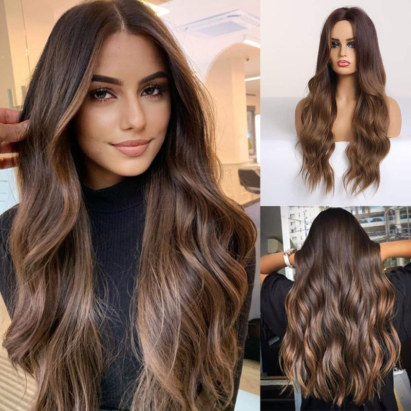 Haircube باروكة HAIRCUBE طويلة بتدرج بني للنساء، شعر صناعي مجعد ومتموج للاستخدام اليومي - Image 1