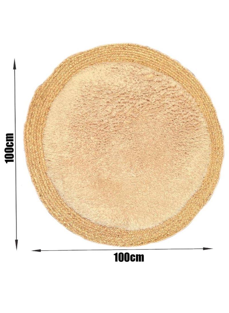 LINGWEI Round Jute & Plush Area Rug | 100 cm Soft Eco-Friendly Natural Fiber Carpet for Living Room & Bedroom - Beige - Image 2