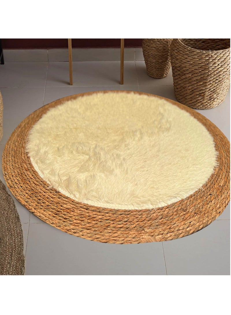 LINGWEI Round Jute & Plush Area Rug | 100 cm Soft Eco-Friendly Natural Fiber Carpet for Living Room & Bedroom - Beige - Image 3