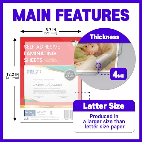 Hashi No Heat Laminating Sheets Self Sealing 15, 20, 25, 50, 100 Pack, 4mil Thickness, No Machine Self Adhesive Laminating Sheets by HA SHI (15 Sheets(Letter Size,9x12 Inch) Transparent, Letter Sizes) - Image 4