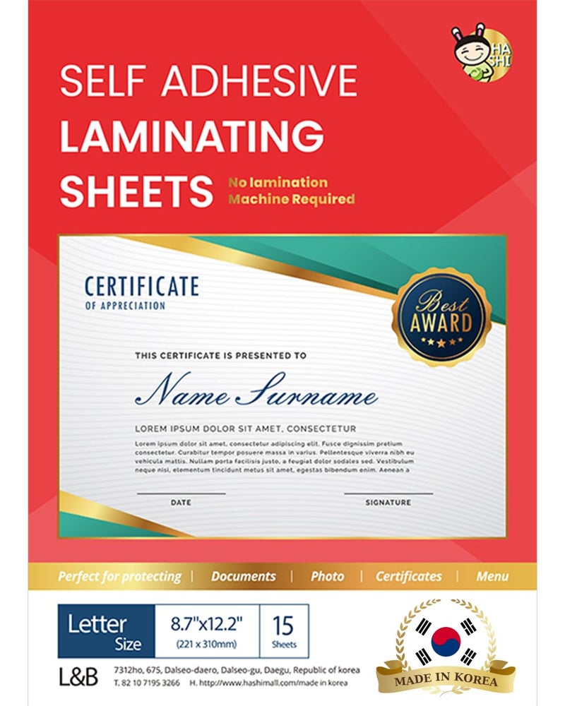 Hashi No Heat Laminating Sheets Self Sealing 15, 20, 25, 50, 100 Pack, 4mil Thickness, No Machine Self Adhesive Laminating Sheets by HA SHI (15 Sheets(Letter Size,9x12 Inch) Transparent, Letter Sizes) - Image 1