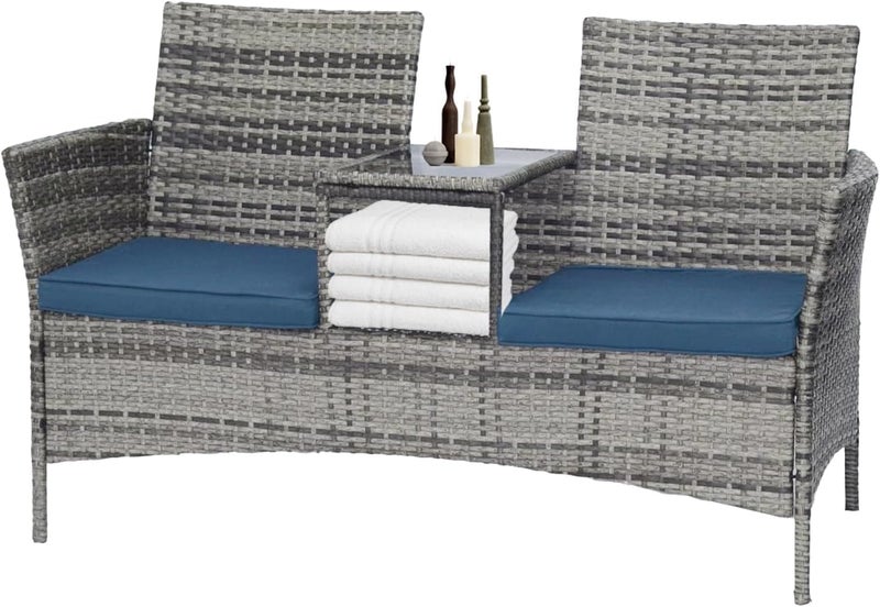 Harmony Home Outdoor Wicker Patio Double Chair with Centre Table and Cushions, Grey - Image 2