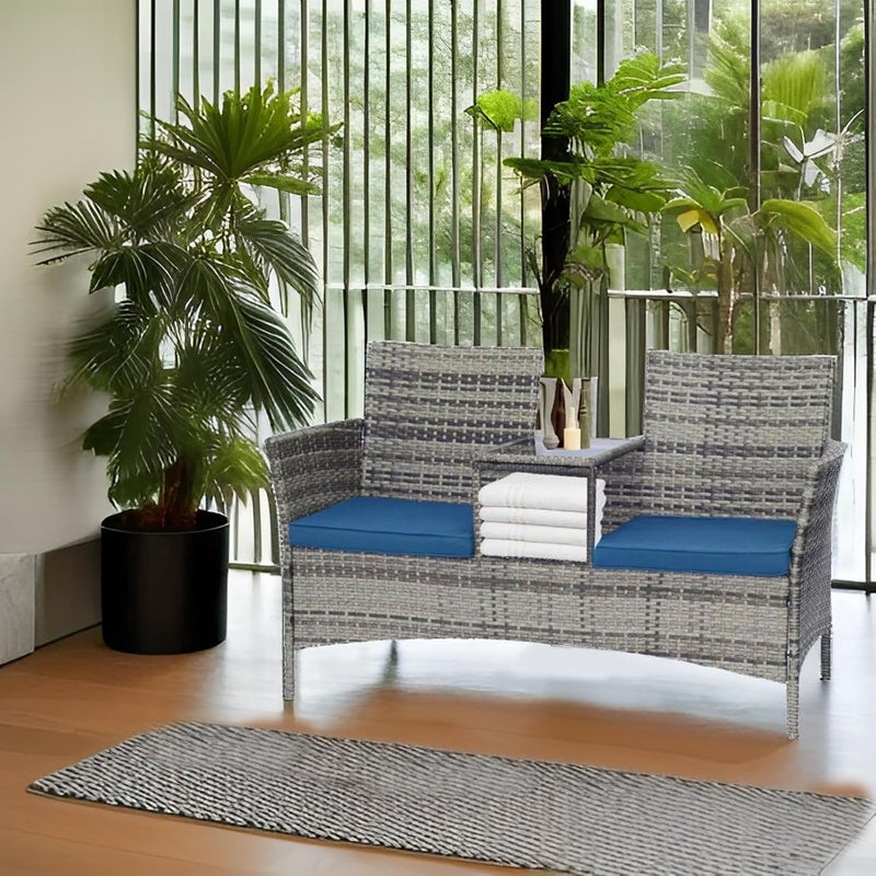 Harmony Home Outdoor Wicker Patio Double Chair with Centre Table and Cushions, Grey - Image 5