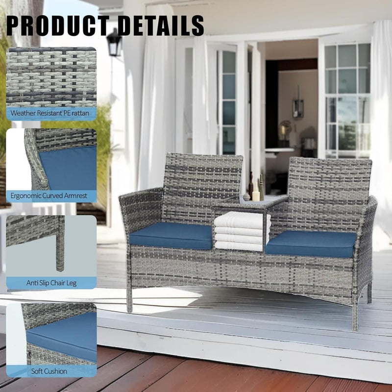 Harmony Home Outdoor Wicker Patio Double Chair with Centre Table and Cushions, Grey - Image 4