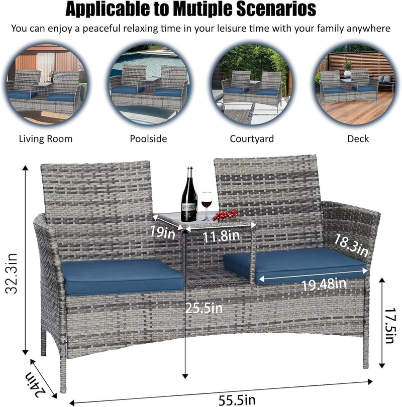 Harmony Home Outdoor Wicker Patio Double Chair with Centre Table and Cushions, Grey - Image 3