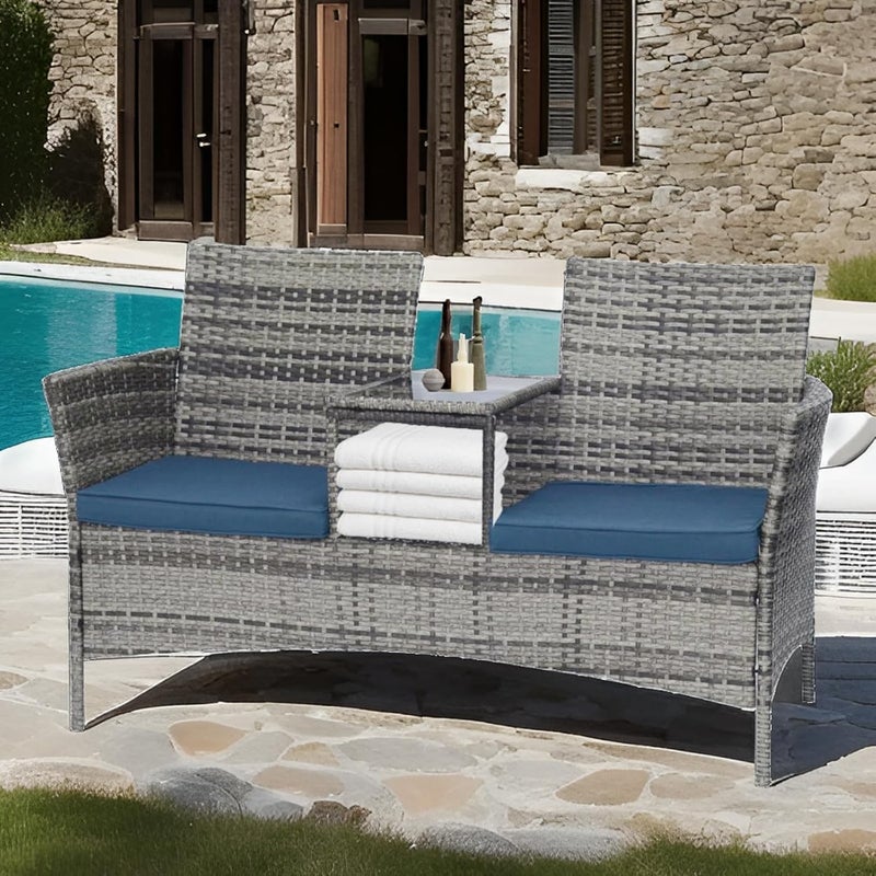 Harmony Home Outdoor Wicker Patio Double Chair with Centre Table and Cushions, Grey - Image 1