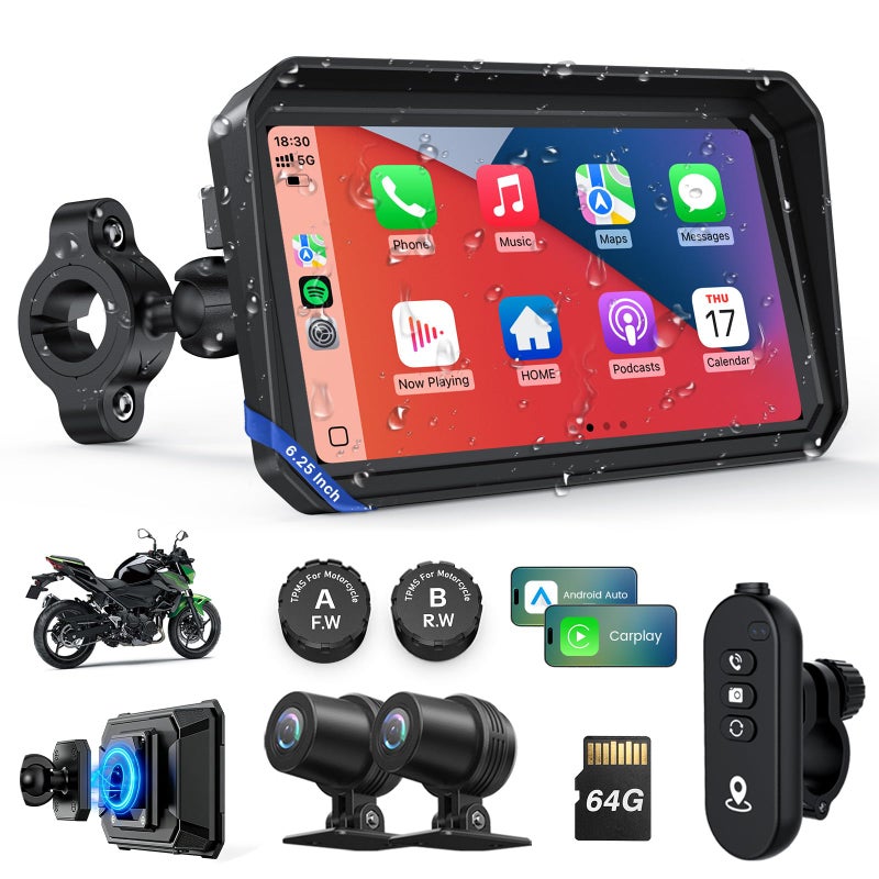 WonVon Motorcycle CarPlay Screen with Android Auto 625 Waterproof GPS Pantalla para Moto Apple CarPlay Navigation System for Motorcycle Dual 2K Dash Cam Bluetooth Audio TPMS with Magnetic Mount - Image 2