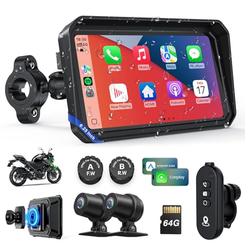 WonVon Motorcycle CarPlay Screen with Android Auto 625 Waterproof GPS Pantalla para Moto Apple CarPlay Navigation System for Motorcycle Dual 2K Dash Cam Bluetooth Audio TPMS with Magnetic Mount - Image 1