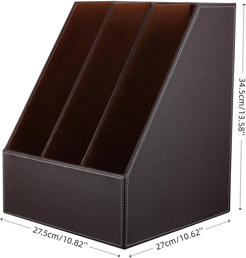KINGFOM Desktop Wooden Leatherette Magazine File Holder-Organizer-3 Compartment Stand Rack-Papers Storage Box (brown) Balanced universal design - Image 3