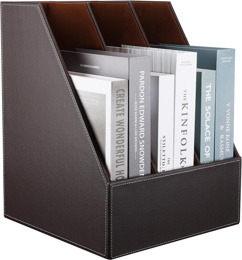 KINGFOM Desktop Wooden Leatherette Magazine File Holder-Organizer-3 Compartment Stand Rack-Papers Storage Box (brown) Balanced universal design - Image 5