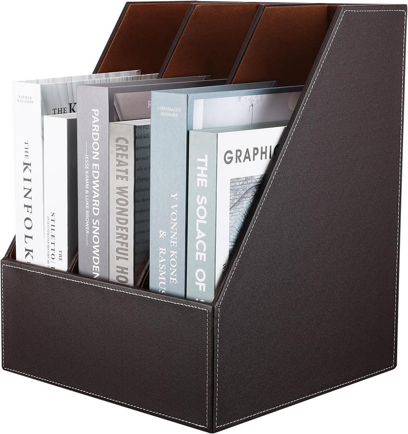 KINGFOM Desktop Wooden Leatherette Magazine File Holder-Organizer-3 Compartment Stand Rack-Papers Storage Box (brown) Balanced universal design - Image 1