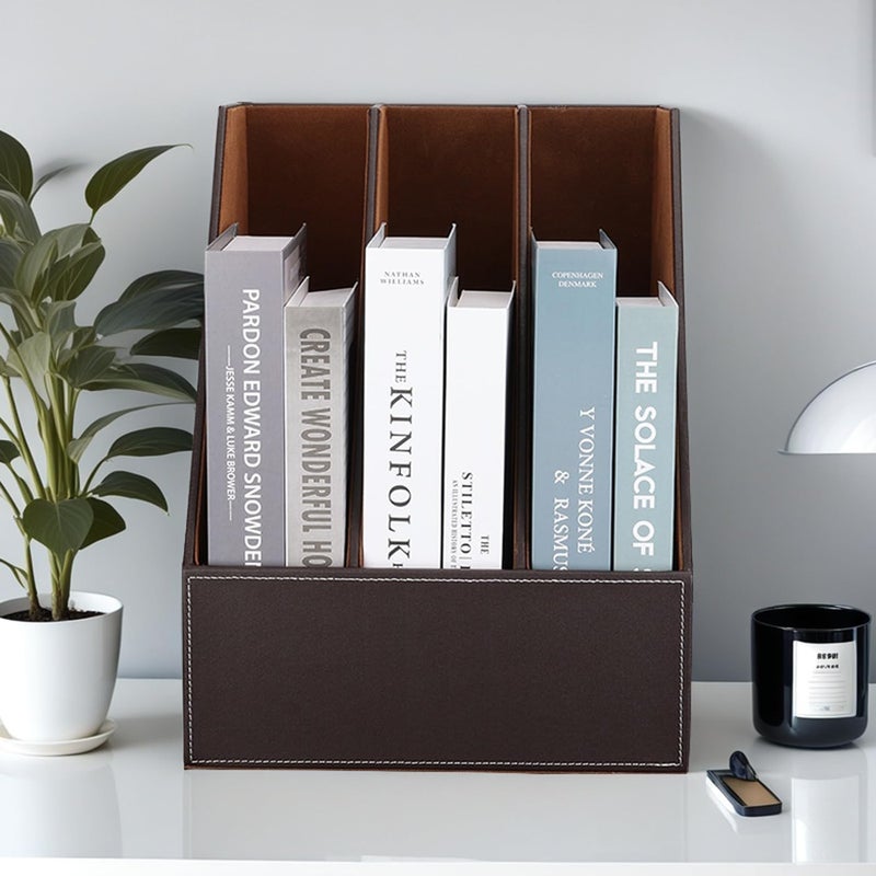 KINGFOM Desktop Wooden Leatherette Magazine File Holder-Organizer-3 Compartment Stand Rack-Papers Storage Box (brown) Balanced universal design - Image 2