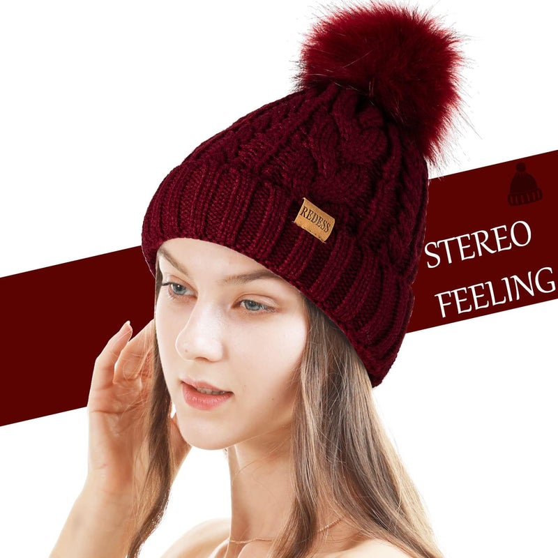 REDESS Women Winter Pompom Beanie Hat with Warm Fleece Lined, Thick Slouchy Snow Knit Skull Ski Cap - Image 1