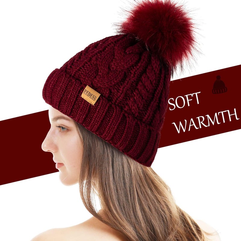 REDESS Women Winter Pompom Beanie Hat with Warm Fleece Lined, Thick Slouchy Snow Knit Skull Ski Cap - Image 2