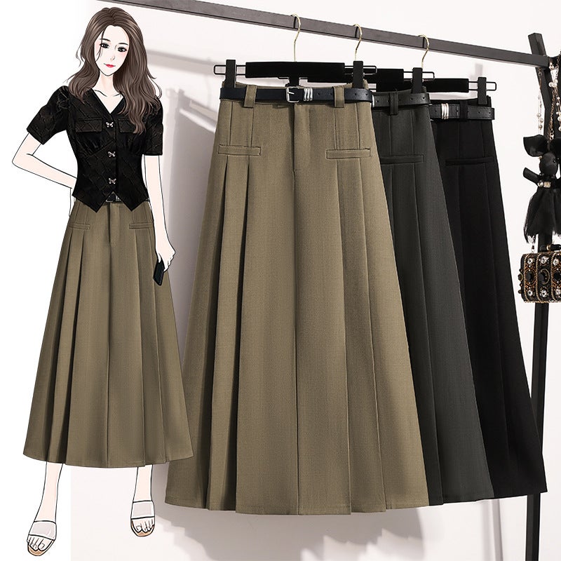 Autumn Clothing Large Size High Waist Pleated Mid-Length Skirt For Fat Girls Slimming Look A-Line Skirt Covering The Crotch And Large Hem Skirt For Women - Image 2