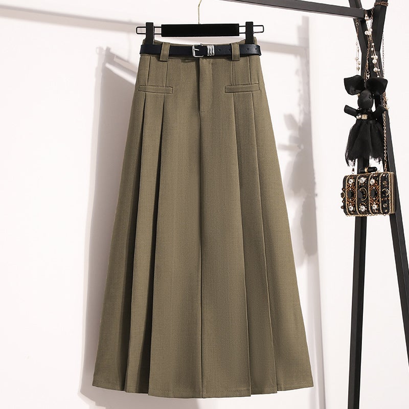 Autumn Clothing Large Size High Waist Pleated Mid-Length Skirt For Fat Girls Slimming Look A-Line Skirt Covering The Crotch And Large Hem Skirt For Women - Image 1