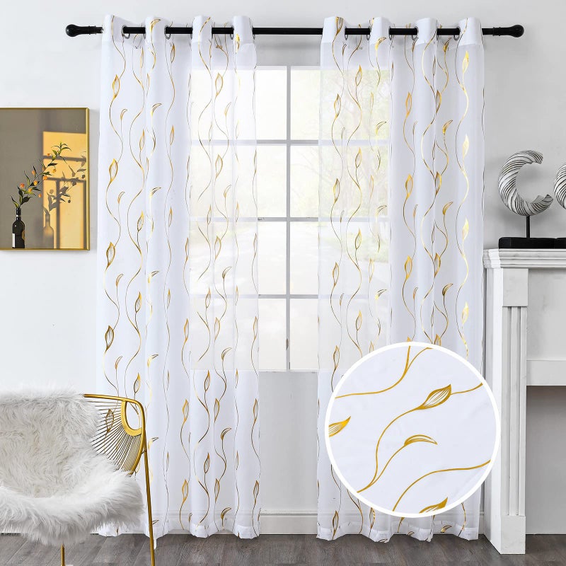 youleyar Gold Foil Print Voile Sheer CurtainsWicker Grommet Top Window Drapes 84 Inches Long Luxury Metallic Bronzing Treatment Panels for Home Window Decoration 2 Panels