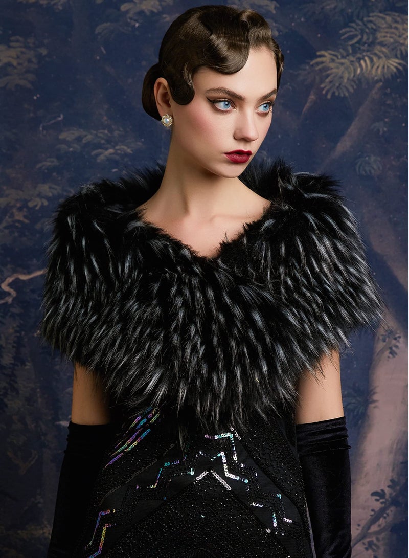 Elegant Women's Faux Fur Shawl for Winter Weddings & Parties - 1920s Inspired Cover-Up in Black & White - Image 3